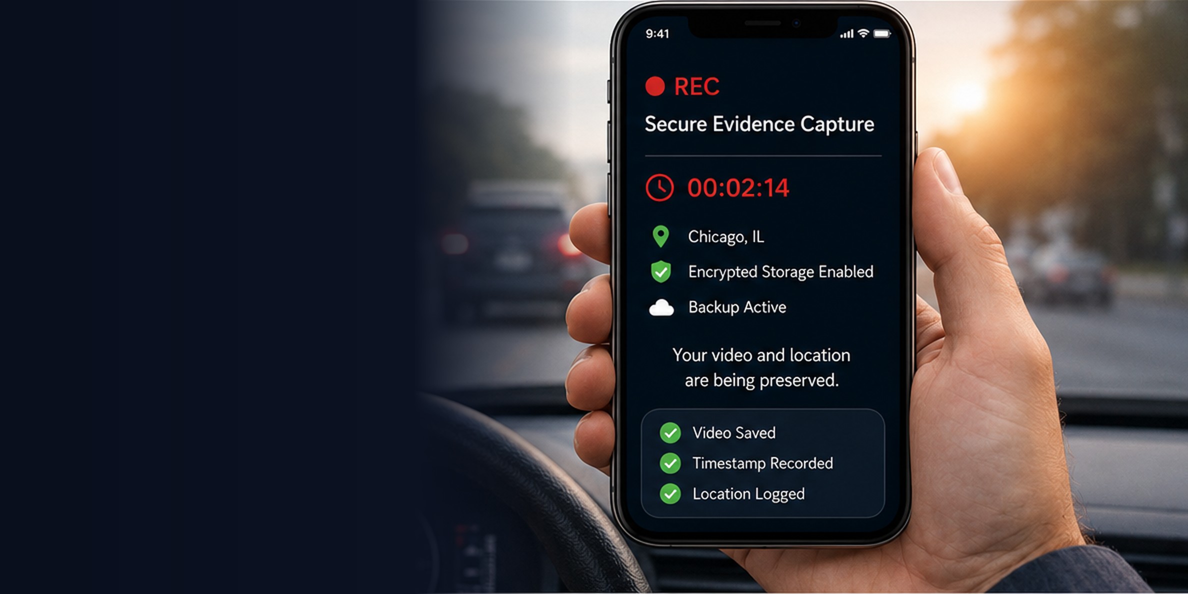 Driver holding a phone recording a secure, encrypted, timestamped video during a traffic stop